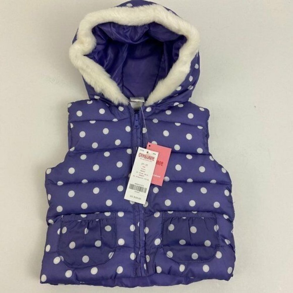 Gymboree Girls Size 2T Purple Polka Dot Hooded Puffer Vest Fur Trim NWT